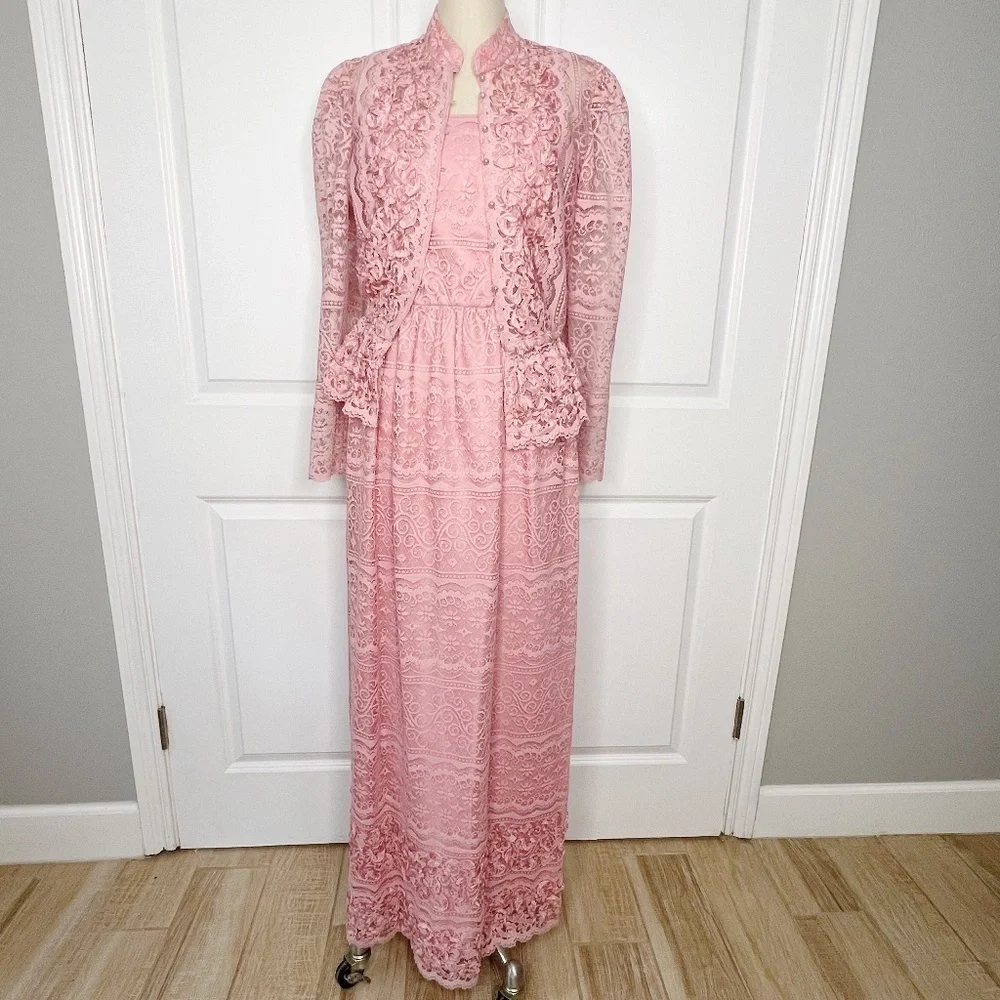 Vintage Pink Lace Maxi Dress with Matching Jacket Formal Evening Gown Set Pink